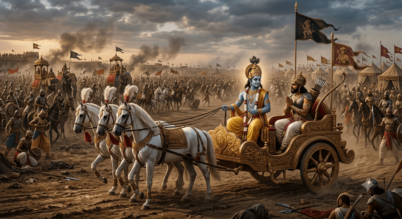 Krishna and Arjuna on the chariot at Kurukshetra